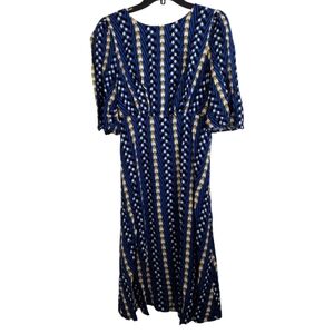 The Odell's Anthropologie blue yellow white Geometric dress bell sleeves size XS